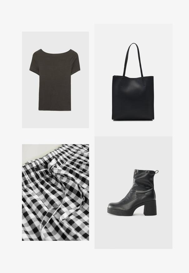 Dark grey short-sleeve top with a boat neckline. Made from ribbed fabric, featuring a relaxed fit and clean hemline. Simple design, no patterns.; Next DROP WAIST - Maxi skirt - black white gingham; Black ankle boots made of smooth leather, featuring a side zipper, chunky textured heel, and rounded toe design.; Black leather tote bag with smooth texture, rectangular shape, and two long handles. No visible hardware or embellishments.