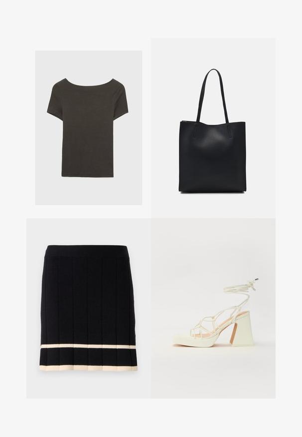 Top corto grigio scuro con scollatura a barca. Realizzato in tessuto a costine, presenta una vestibilità rilassata e un orlo pulito. Design semplice, senza motivi.; Gonna nera lavorata a maglia con righe verticali, caratterizzata da una striscia crema a contrasto all'orlo inferiore. Elastico in vita. Design classico.; Sandalo bianco con tacco alto, caratterizzato da un design a cinturini e un legaccio alla caviglia. Texture liscia con una piattaforma frontale per un'altezza aggiuntiva.; Borsa tote in pelle nera con texture liscia, forma rettangolare e due manici lunghi. Nessun hardware o decorazione visibile.