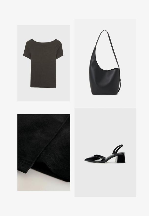 Mörkgrå kortärmad topp med båthals. Tillverkad av ribbad tyg, med avslappnad passform och ren fåll. Enkelt design, inga mönster.; Svart kordflorsfabric med en mjuk, texturerad yta, som har synlig ribbning och snyggt fållade kanter.; Svarta lackläder slingback klackar med spetsig tå och geometrisk klack. Har en elegant, minimalistisk design och slät yta.; Svart läder hobo-väska med en slät textur, kurvig form och en justerbar axelrem; har en bred öppning upptill.