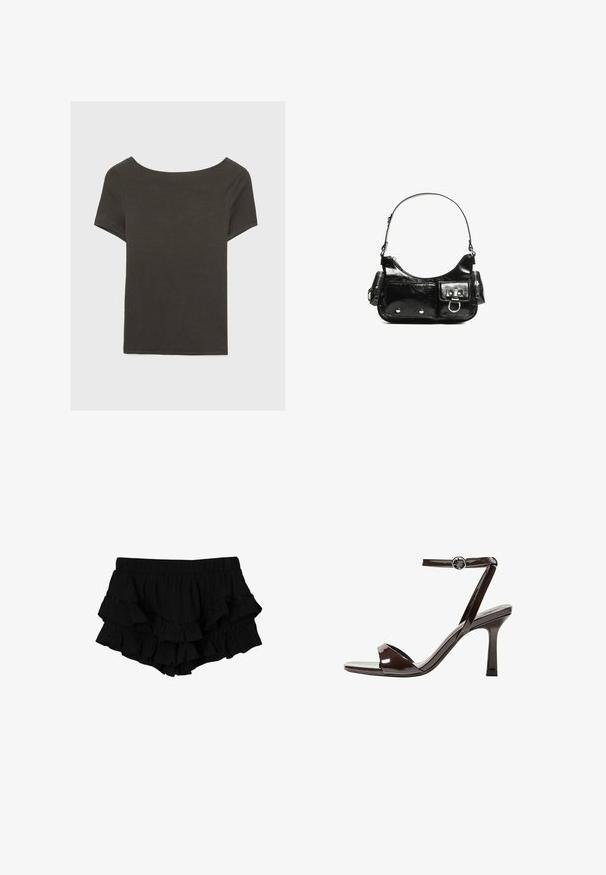 Temno siva kratka majica s čolnasto izrezom. Narejena iz rebraste tkanine, ki ima sproščen kroj in čist rob. Preprost dizajn, brez vzorcev.; Črne kratke hlače s nabranim pasom, ki imajo tri plasti volančkov in subtilno strukturirano tkanino, kar ustvarja plastičen silhuet.; Rjave visokosprti sandali iz pateniranega usnja z zaponko okoli gležnja, odprto konico in eleganten, minimalističen dizajn. Imajo kvadratno peto.; Črna lakasta usnjena torbica s ukrivljeno obliko, enim ramenskim trakom, sprednjimi žepi in srebrnimi kovinskimi dodatki.