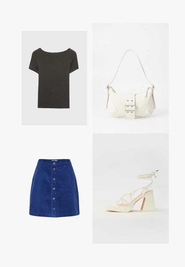 Dunkelgraues Kurzarmoberteil mit Bootsausschnitt. Hergestellt aus geripptem Stoff, mit lockerer Passform und sauberem Saum. Einfaches Design, ohne Muster.; Blaues Cordrock mit vertikalen Rillen, geradem Schnitt und einer vorderen Knopfleiste mit metallischen Akzenten.; Weiße High-Heel-Sandale mit einem klobigen Absatz, die über ein Riemchendesign und ein Knöchelband verfügt. Glatte Textur mit einer Plattform vorne für zusätzliche Höhe.; Weiße Schultertasche mit texturierter Oberfläche, zentralem Schnallenakzent und geschwungener Form. Reißverschluss an beiden Seiten.