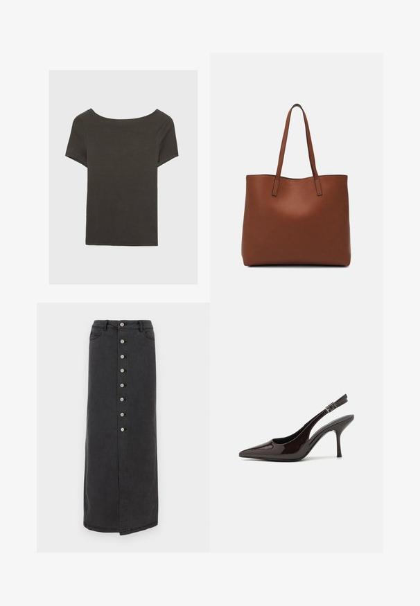 Tmavošedý top s krátkym rukávom a lodičkovým výstrihom. Vyrobený z rebrovanej látky, s voľným strihom a čistým lemovaním. Jednoduchý dizajn, bez vzorov.; Dlhá čierna denimová sukňa s predným zapínaním na gombíky, pútkami na opasok a bočnými vreckami. Hladká textúra s rovnou siluetou a malým rozparkom.; Slingback vysoké opätky v lesklej tmavohnedej lakovej koži, so špicatou špičkou, otvorenými stranami a nastaviteľným remienkom na členku.; Hnedá kožená taška na rameno s hladkou textúrou, otvoreným vrchom a dvoma ramenými popruhmi. Má minimálne šitia a žiadne viditeľné kovania.