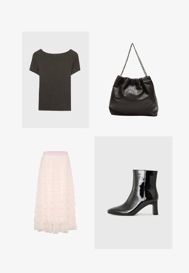 Dunkelgraues Kurzarmoberteil mit Bootsausschnitt. Hergestellt aus geripptem Stoff, mit lockerer Passform und sauberem Saum. Einfaches Design, ohne Muster.; Cream Faltenrock - sepia rose; Schwarzer Lackleder-Stiefelette mit spitzer Zehe und einem mittelhohen Blockabsatz. Glatte Textur und minimalistisches Design.; Braune Lederhandtasche mit gerafftem Oberteil und Kettenriemen. Glatte Textur mit glänzendem Finish und subtilen Nahtdetails an den Seiten.