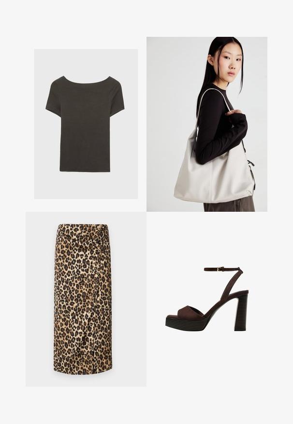 Tmavošedý top s krátkym rukávom a lodičkovým výstrihom. Vyrobený z rebrovanej látky, s voľným strihom a čistým lemovaním. Jednoduchý dizajn, bez vzorov.; Sukňa midi s leopardím vzorom, hodvábna textúra, neutrálna béžová na pozadí s čiernymi a hnedými škvrnami, drapovaný dizajn s krúteným detailom v oblasti pásu.; Hnedé semišové sandále na vysokom podpätku s otvorenou špičkou, nastaviteľným členkovým remienkom a pruhovanou platformovou podrážkou.; Béžová kabelka vyrobená z mäkkého materiálu, s uvoľneným dizajnom, prišitými detailmi a dvoma popruhmi na nosenie na pleciach. Vhodná na každodenné nosenie.