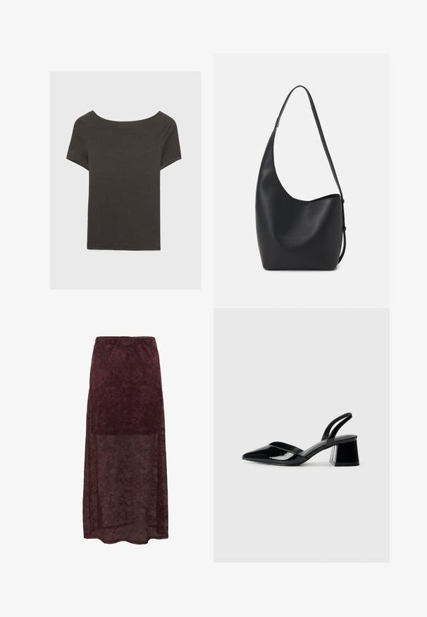 Temno siva kratka majica s čolnasto izrezom. Narejena iz rebraste tkanine, ki ima sproščen kroj in čist rob. Preprost dizajn, brez vzorcev.; Burgundska čipkasta maxi krila s cvetličnimi vzorci, prozornim spodnjim delom in elastičnim pasom. Mehka, teksturirana tkanina.; Črne lakirane slingback pete s koničastim nosom in geometrijsko blokasto peto. Imajo eleganten, minimalističen dizajn in gladko teksturo.; Črna usnjena hobo torba z gladko teksturo, ukrivljeno obliko in eno nastavljivo naramnico; ima širok odprtina na vrhu.