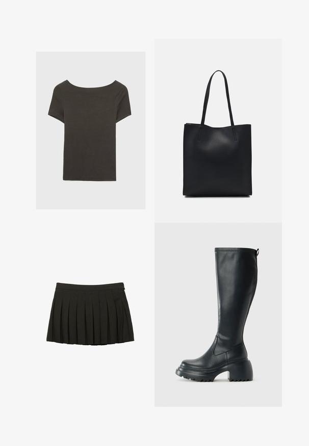 Top corto grigio scuro con scollatura a barca. Realizzato in tessuto a costine, presenta una vestibilità rilassata e un orlo pulito. Design semplice, senza motivi.; Gonna mini plissettata nera con fascia in vita aderente e chiusura con zip laterale, esposta su uno sfondo bianco.; Stivale lungo in pelle nera con suola piatta robusta e tacco a blocco, dotato di linguetta e battistrada testurizzato sulla suola.; Borsa tote in pelle nera con texture liscia, forma rettangolare e due manici lunghi. Nessun hardware o decorazione visibile.