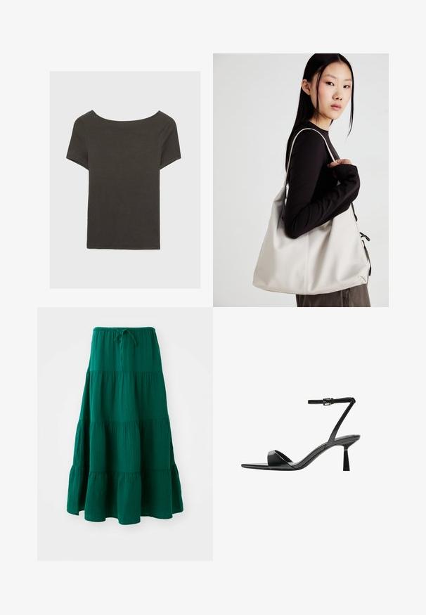 Tmavošedý top s krátkym rukávom a lodičkovým výstrihom. Vyrobený z rebrovanej látky, s voľným strihom a čistým lemovaním. Jednoduchý dizajn, bez vzorov.; Zelená maxi sukňa so stupňovaným strihom vyrobená z ľahkého materiálu. Má šnúrkový pás a rozšírené volány na leme. Mäkká textúra.; Bershka Sandále na vysokom opätku - black; Béžová kabelka vyrobená z mäkkého materiálu, s uvoľneným dizajnom, prišitými detailmi a dvoma popruhmi na nosenie na pleciach. Vhodná na každodenné nosenie.