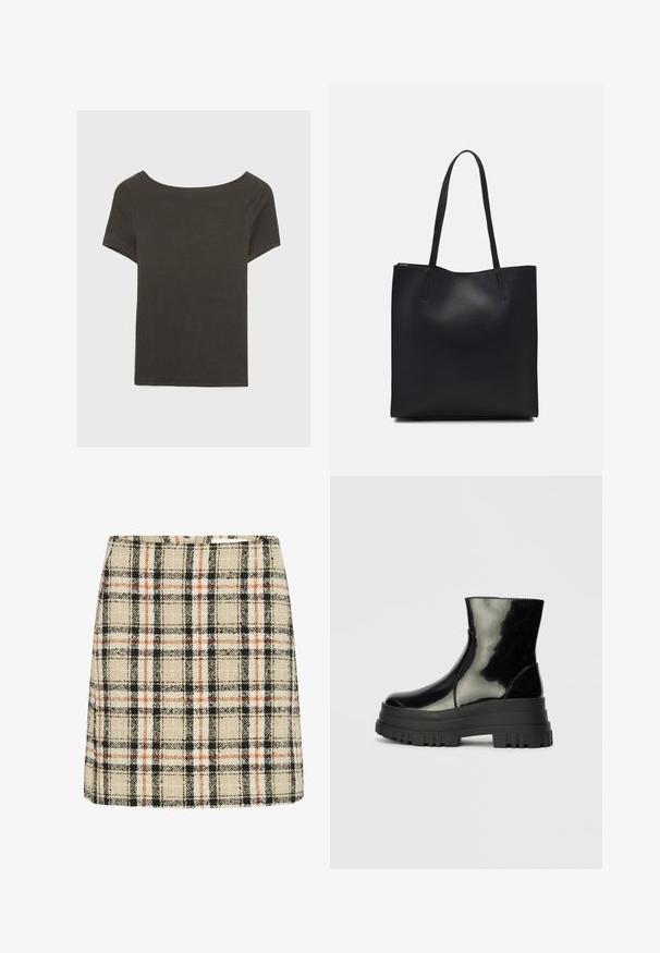 Dunkelgraues Kurzarmoberteil mit Bootsausschnitt. Hergestellt aus geripptem Stoff, mit lockerer Passform und sauberem Saum. Einfaches Design, ohne Muster.; Beige, schwarze und orange karierte Minirock. Strukturierter Stoff mit einem quadratischen Muster. A-Linienform mit einer taillierten Taille.; Schwarze, glänzende Knöchelstiefel mit dickem Profilsohle und abgerundeter Zehenform, Seitenansicht vor einem schlichten, hellgrauen Hintergrund.; Schwarze Laptoptasche aus Leder mit glatter Textur, rechteckiger Form und zwei langen Griffen. Keine sichtbaren Beschläge oder Verzierungen.