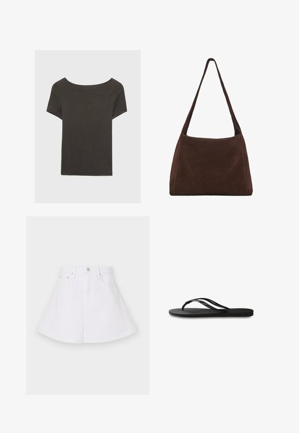 Tmavošedý top s krátkym rukávom a lodičkovým výstrihom. Vyrobený z rebrovanej látky, s voľným strihom a čistým lemovaním. Jednoduchý dizajn, bez vzorov.; Biele džínsová sukňa s rozšíreným strihom, s priliehavým pásom, piatimi vreckami a zapínaním na gombík vpredu. Hladká štruktúra.; Čierne žabky s textúrovanou gumovou podrážkou, dvoma štíhlymi popruhmi a diskrétnym embosovaným logom na popruhu.; Hnedá semišová kabelka na rameno s uvoľneným tvarom, jedným širokým popruhom a jednoduchým dizajnom. Obsahuje viditeľné švy pozdĺž okrajov.