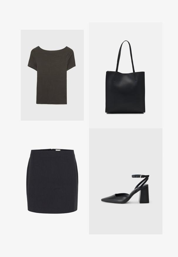Tmavě šedý top s krátkým rukávem a lodičkovým výstřihem. Vyrobený z ribovaného materiálu, s volnějším střihem a čistým lemem. Jednoduchý design, bez vzorů.; Tmavě modrá sukně s vertikálními bílými pruhy, úzký střih, hladká textura a zapínání na zip na zadní straně, zakončená lemováním na spodním okraji.; Černé kožené lodičky se špičatou špičkou, kotníkovým páskem a silným podpatkem. Hladká textura, elegantní design a minimalistická estetika.; Černá kožená taška přes rameno s hladkým povrchem, obdélníkovým tvarem a dvěma dlouhými uchy. Žádné viditelné kování ani ozdoby.