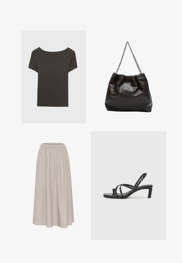 Tummanharmaa lyhythihainen paita, jossa on venepääntie. Valmistettu ribbikankaasta, jossa on rento istuvuus ja siisti helmaviimeistely. Yksinkertainen muotoilu, ilman kuvioita.; Vaaleanharmaa midi-hame, jossa on joustava vyötärö, hienovaraiset pystysuorat raidat ja virtaava, pehmeä rakenne.; Mustat hihnalligat, joissa on neliön muotoinen kärki ja matala lohkokorko. Ominaisuuksiin kuuluu useita ohuita hihnoja ja säädettävä nilkkahihna. Valmistettu sileästä nahasta.; Ruskea nahkainen laukku, jossa on kerätty yläosa ja ketjuhihna. Tasainen pinta, jossa kiiltävä viimeistely ja hienovaraiset sauman yksityiskohdat sivuilla.