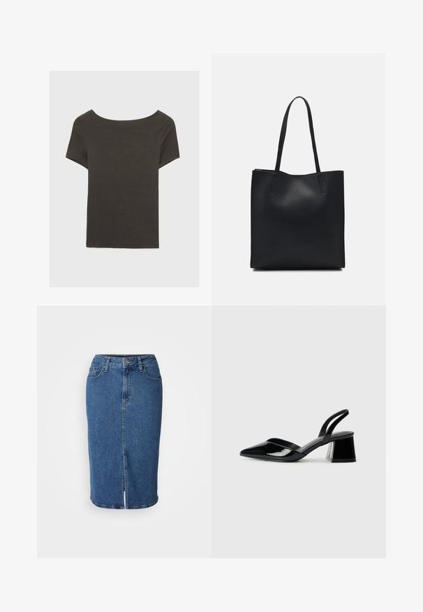 Tummanharmaa lyhythihainen paita, jossa on venepääntie. Valmistettu ribbikankaasta, jossa on rento istuvuus ja siisti helmaviimeistely. Yksinkertainen muotoilu, ilman kuvioita.; Farkkuhame keskipitkä sininen, polven pituinen, istuva malli edessä halkiolla. Siinä on viisi taskua ja nappikiinnitys vyölenkeillä.; Mustat patentoitu nahkakengät, joissa on säären takaosa ja terävä kärki, sekä geometrinen palikkakorko. Sisältää tyylikkään, minimalistisen muotoilun ja sileän pinnan.; Mustapahkainen kangaskassi, jossa on sileä pinta, suorakaiteen muotoinen ja kaksi pitkää kahvaa. Ei näkyvää metalliosaa tai koristeita.