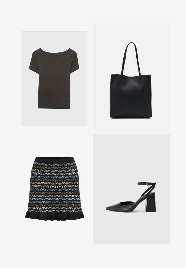 Donkergrijze top met korte mouwen en een bootnek. Gemaakt van ribbelstof, met een relaxte pasvorm en een nette zoom. Eenvoudig ontwerp, geen patronen.; Gebreide rok met een geometrisch patroon in zwart, blauw, bruin en wit, met een geplooide zoom en een elastische tailleband.; Zwarte leren puntige pump met een enkelbandje en een chunky hak. Vlakke textuur, strakke vormgeving en minimalistische esthetiek.; Zwarte leren handtas met een gladde textuur, rechthoekige vorm en twee lange handvaten. Geen zichtbare hardware of versieringen.