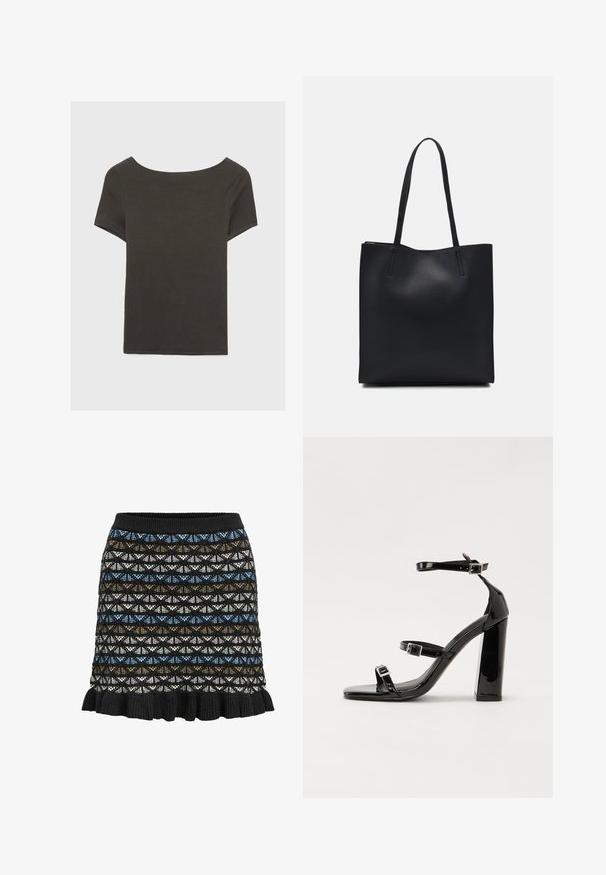 Top corto grigio scuro con scollatura a barca. Realizzato in tessuto a costine, presenta una vestibilità rilassata e un orlo pulito. Design semplice, senza motivi.; Gonna in maglia con un motivo geometrico in nero, blu, marrone e bianco, con orlo arricciato e vita elasticizzata.; Sandali con tacco in vernice nera, con punta squadrata, cinturini alla caviglia e fibbie in argento. Presentano un tacco a blocco spesso per maggiore stabilità.; Borsa tote in pelle nera con texture liscia, forma rettangolare e due manici lunghi. Nessun hardware o decorazione visibile.