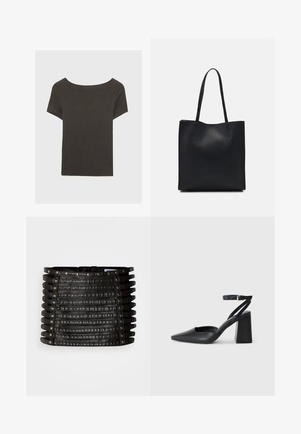 Tamno sivi kratki rukav s izrezom u obliku čamca. Izrađen od rebrastog materijala, s opuštenim krojem i ravnim rubom. Jednostavan dizajn, bez uzoraka.; Crna kožna mini suknja s horizontalnim trakama i srebrnim zakovicama duž gornje ivice i vertikalnih strana.; Crne kožne cipele s špicastim vrhom, remenom oko gležnja i debelim potplatom. Ravna tekstura, elegantan dizajn i minimalistička estetika.; Crna kožna torba za nošenje s glatkom teksturom, pravokutnim oblikom i dvije duge ručke. Nema vidljivih metalnih dijelova ili ukrasa.