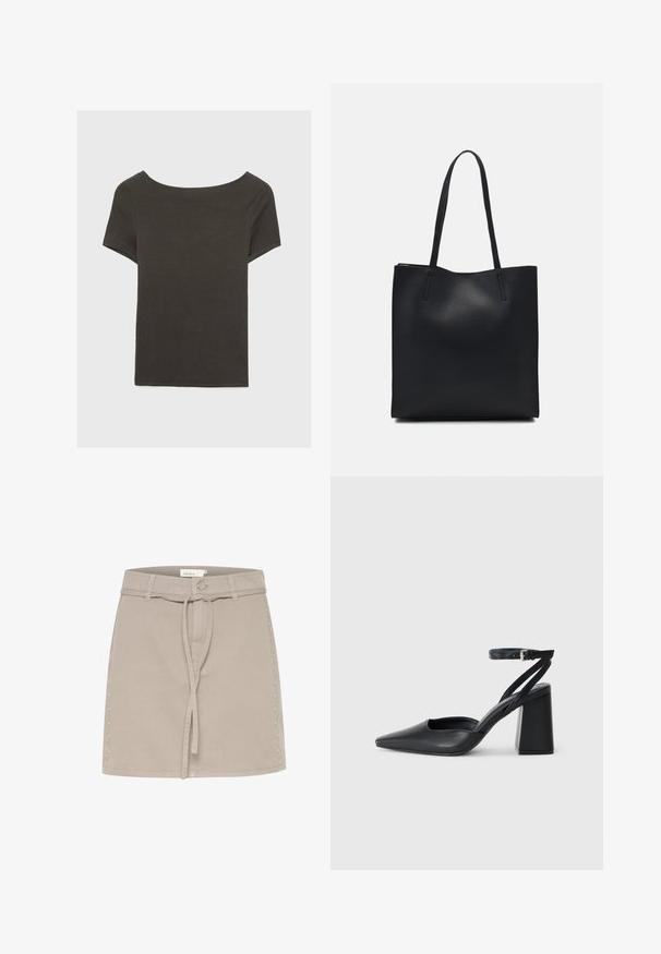Dunkelgraues Kurzarmoberteil mit Bootsausschnitt. Hergestellt aus geripptem Stoff, mit lockerer Passform und sauberem Saum. Einfaches Design, ohne Muster.; Beige Denim-Minirock mit Gürtelschlaufen, vorderem Knoten und dekorativen Nieten entlang der rechten Seite. Glatte Textur und strukturierte Form.; Schwarze Leder-Pumps mit spitzer Zehe, einem Knöchelriemen und einem blockigen Absatz. Flache Textur, elegantes Design und minimalistische Ästhetik.; Schwarze Laptoptasche aus Leder mit glatter Textur, rechteckiger Form und zwei langen Griffen. Keine sichtbaren Beschläge oder Verzierungen.