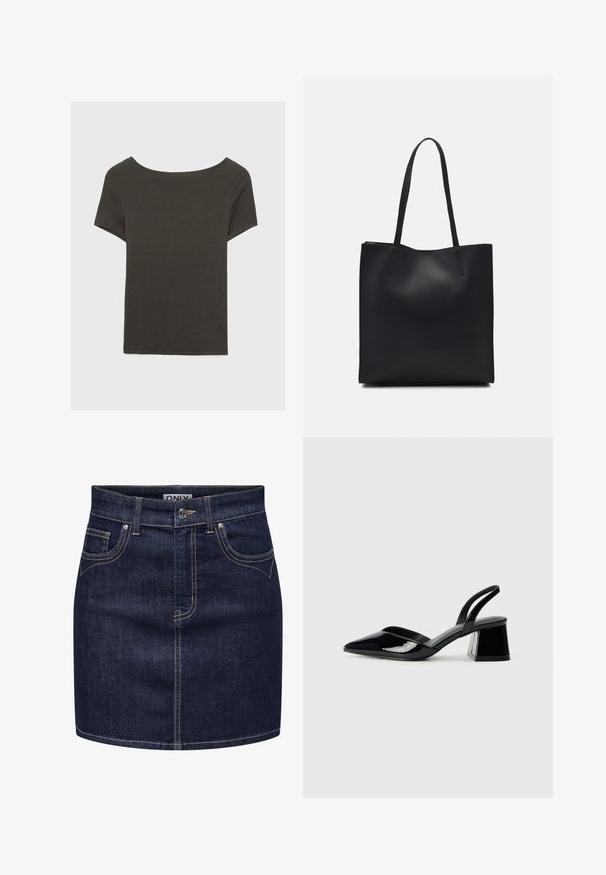 Temno siva kratka majica s čolnasto izrezom. Narejena iz rebraste tkanine, ki ima sproščen kroj in čist rob. Preprost dizajn, brez vzorcev.; Denim krilo v temno modri barvi z kontrastnim šivom, pet zank za pas, dva sprednja žepa in zaklepanje s srebrnim gumbom.; Črne lakirane slingback pete s koničastim nosom in geometrijsko blokasto peto. Imajo eleganten, minimalističen dizajn in gladko teksturo.; Črna usnjena torba s svilnato teksturo, pravokotne oblike in dvema dolgima ročajema. Brez vidnih metalnih delov ali okrasnih elementov.