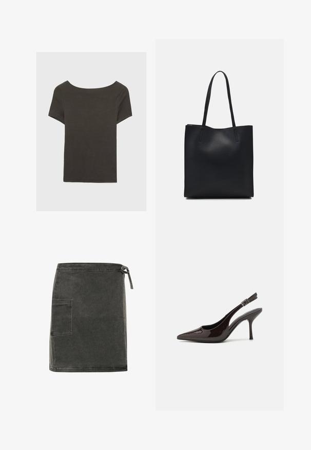Temno siva kratka majica s čolnasto izrezom. Narejena iz rebraste tkanine, ki ima sproščen kroj in čist rob. Preprost dizajn, brez vzorcev.; Siva denim krilo s ravnim krojem, stranskim žepom in nastavljivim veznikom v pasu. Ima mehak teksturo in minimalističen dizajn.; Slingback visoke pete v sijajni temno rjavi lak koži, koničastim nosom, odprtimi stranmi in nastavljivim gležnjenčkim trakom.; Črna usnjena torba s svilnato teksturo, pravokotne oblike in dvema dolgima ročajema. Brez vidnih metalnih delov ali okrasnih elementov.