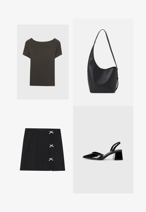 Top corto grigio scuro con scollatura a barca. Realizzato in tessuto a costine, presenta una vestibilità rilassata e un orlo pulito. Design semplice, senza motivi.; Mini gonna nera con una texture liscia, caratterizzata da nastri incrociati bianchi sul lato sinistro. Design semplice con taglio dritto.; Décolleté in vernice nera con punta affusolata e tacco in geometria cubica. Presentano un design elegante e minimalista, con una texture liscia.; Borsa hobo nera in pelle con una superficie liscia, forma curvata e una singola tracolla regolabile; presenta un'ampia apertura nella parte superiore.