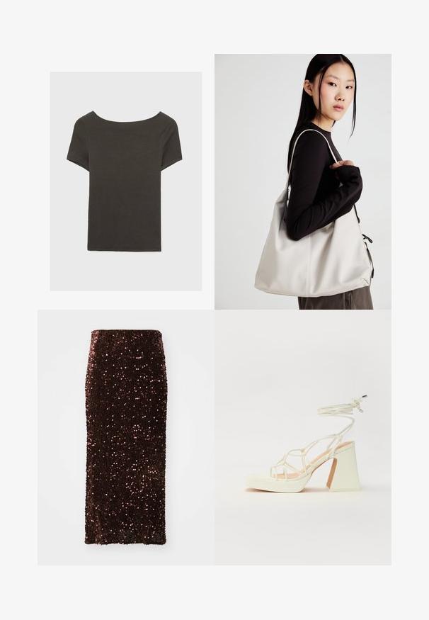 Temno siva kratka majica s čolnasto izrezom. Narejena iz rebraste tkanine, ki ima sproščen kroj in čist rob. Preprost dizajn, brez vzorcev.; Rjava maxi krila s srebrnima bleščicami, zasnovana za oprijemanje, z gladko teksturo in elastičnim pasom, okrašena z odsevno bleščicami po celotni površini.; Bela sandala na visokih petah s debelim petam, ki ima obliko trakcev in vezanje okoli gležnja. Gladka tekstura z platformo spredaj za dodatno višino.; Bežna torbica iz mehkega materiala, z ohlapno zasnovo, šivi in dvema naramnicama. Primerna za vsakodnevno uporabo.