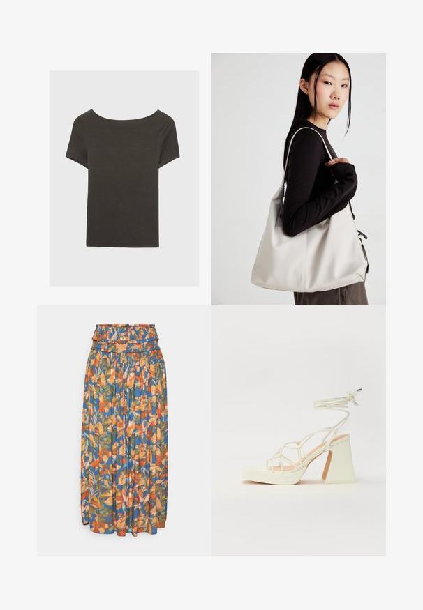 Czarna szara bluzka z krótkim rękawem i dekoltem w kształcie łódki. Wykonana z prążkowanej tkaniny, ma luźny krój i czyste wykończenie. Prosty design, bez wzorów.; Kwiatowa długa spódnica z marszczonym pasem, z żywymi pomarańczowymi, zielonymi i niebieskimi wzorami. Lekka tkanina o plisowanej teksturze.; Biała sandał na wysokim obcasie z masywnym słupkiem, z paskowym wzorem i wiązaniem przy kostce. Gładka faktura z platformą z przodu dla dodatkowej wysokości.; Beżowa torebka wykonana z miękkiego materiału, charakteryzująca się luźnym fasonem, wyszywanymi detalami i dwoma uchwytami na ramię. Idealna na co dzień.