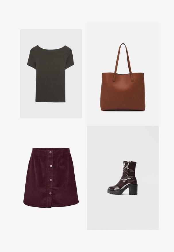 Temno siva kratka majica s čolnasto izrezom. Narejena iz rebraste tkanine, ki ima sproščen kroj in čist rob. Preprost dizajn, brez vzorcev.; Bordo kordna mini krilo z A-linijsko obliko, ki ima pet srebrnih gumbov na sprednji strani in subtilno teksturo rib.; Sijajan škrlatank z bleščečim videzom, z masivnim črnim peto, ki se ponaša z gladko teksturo in preprostim dizajnom. Brez vidnih zapenjal ali vzorcev.; Rjava usnjena torba z gladko teksturo, odprto zasnovo zgoraj in dvema naramnima trakovoma. Opremljena je z minimalnim šivanjem in brez vidnih kovinskih delov.