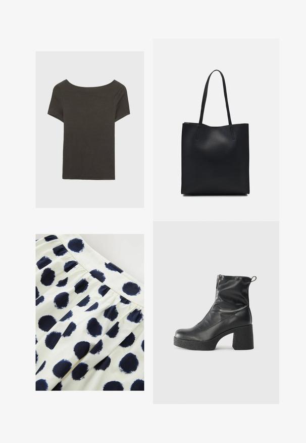 Haut à manches courtes gris foncé avec un col bateau. Fabriqué en tissu côtelé, il présente une coupe décontractée et un ourlet propre. Design simple, sans motifs.; Jupe en tissu blanc avec des pois ronds bleu marine. La jupe a une taille froncée et une texture lisse.; Bottes noires à la cheville en cuir lisse, dotées d'une fermeture éclair sur le côté, d'un talon épais texturé et d'une conception à bout rond.; Sac fourre-tout en cuir noir avec une texture lisse, de forme rectangulaire et deux longues poignées. Pas de matériel ou d'ornementations visibles.