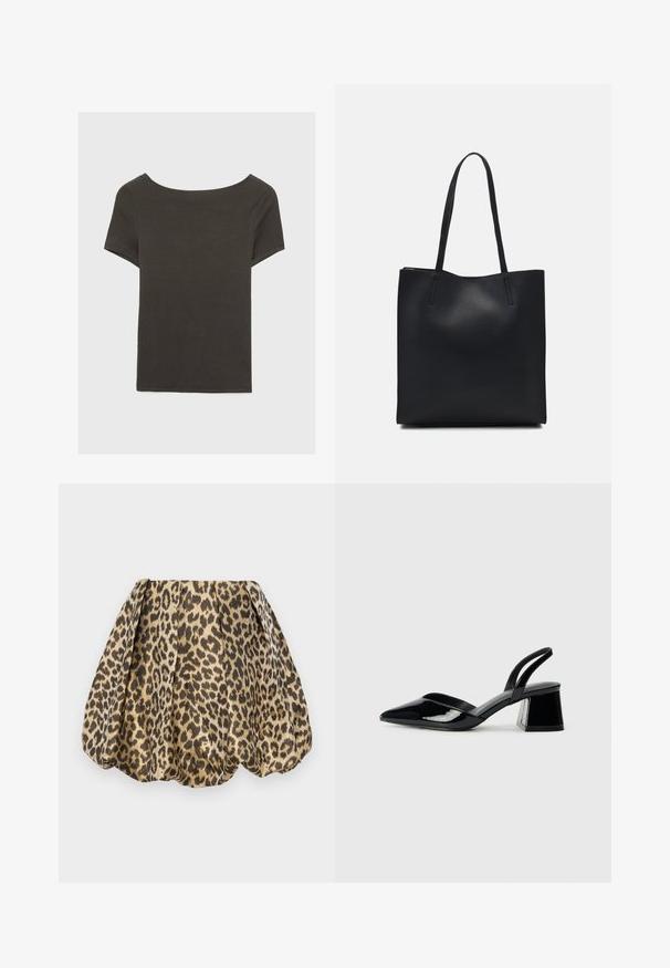 Tmavošedý top s krátkym rukávom a lodičkovým výstrihom. Vyrobený z rebrovanej látky, s voľným strihom a čistým lemovaním. Jednoduchý dizajn, bez vzorov.; Sister Jane LOLA SKIRT - sukňa v tvare A - tan; Čierne lakované kožené sandálové podpätky s špicatou špičkou a geometrickým blokovým podpätkom. Disponujú elegantným, minimalistickým dizajnom a hladkým povrchom.; Čierna kožená taška na rameno s hladkým povrchom, obdĺžnikovým tvarom a dvoma dlhými uchami. Bez viditeľného kovania alebo ozdôb.