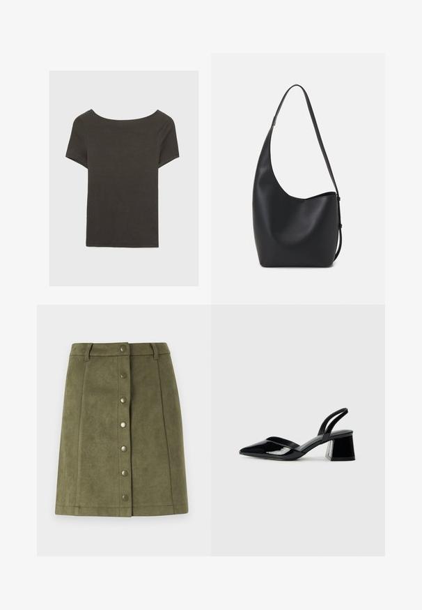Temno siva kratka majica s čolnasto izrezom. Narejena iz rebraste tkanine, ki ima sproščen kroj in čist rob. Preprost dizajn, brez vzorcev.; Olivno zelena krila iz mehkega materiala, podobnega semišu. Ima sprednje zapiranje na gumb z kovinskimi gumbi in ravno krojen kroj.; Črne lakirane slingback pete s koničastim nosom in geometrijsko blokasto peto. Imajo eleganten, minimalističen dizajn in gladko teksturo.; Črna usnjena hobo torba z gladko teksturo, ukrivljeno obliko in eno nastavljivo naramnico; ima širok odprtina na vrhu.