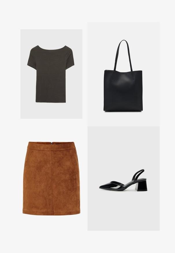 Tamno sivi kratki rukav s izrezom u obliku čamca. Izrađen od rebrastog materijala, s opuštenim krojem i ravnim rubom. Jednostavan dizajn, bez uzoraka.; Smeđa nubuk mini suknja s glatkom teksturom, ravnog kroja i diskretnim zatvaračem na leđima. Ima detalje šavova za strukturu.; Crne lakirane kožne sandale s otvorenom petom i špicastim vrhom, s geometrijskom blok petom. Imaju elegantan, minimalistički dizajn i glatku teksturu.; Crna kožna torba za nošenje s glatkom teksturom, pravokutnim oblikom i dvije duge ručke. Nema vidljivih metalnih dijelova ili ukrasa.