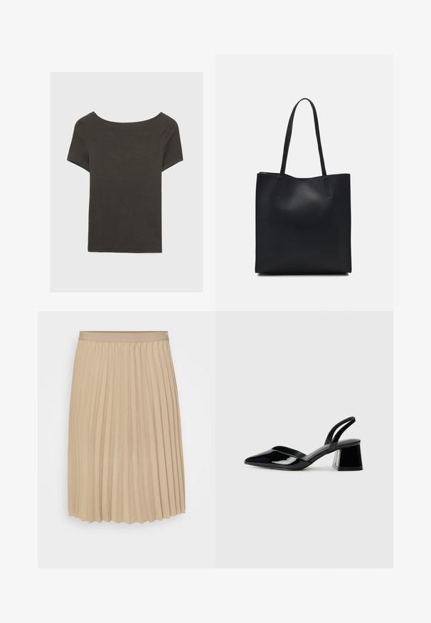 Mørkegrå kortærmet top med bådudskæring. Lavet af ribbet stof, med en afslappet pasform og en ren kant. Enkelt design, ingen mønstre.; Beige plisseret nederdel med en flad talje. Stoffet er glat og har lodrette folder samt en kant med bølger. Elegant og simpel design.; Sorte patentlæder slingback hæle med spids tå og en geometrisk blok hæl. Har et elegant, minimalistisk design og en glat tekstur.; Sort læder tote taske med glat tekstur, rektangulær form og to lange hanke. Ingen synlig hardware eller udsmykninger.