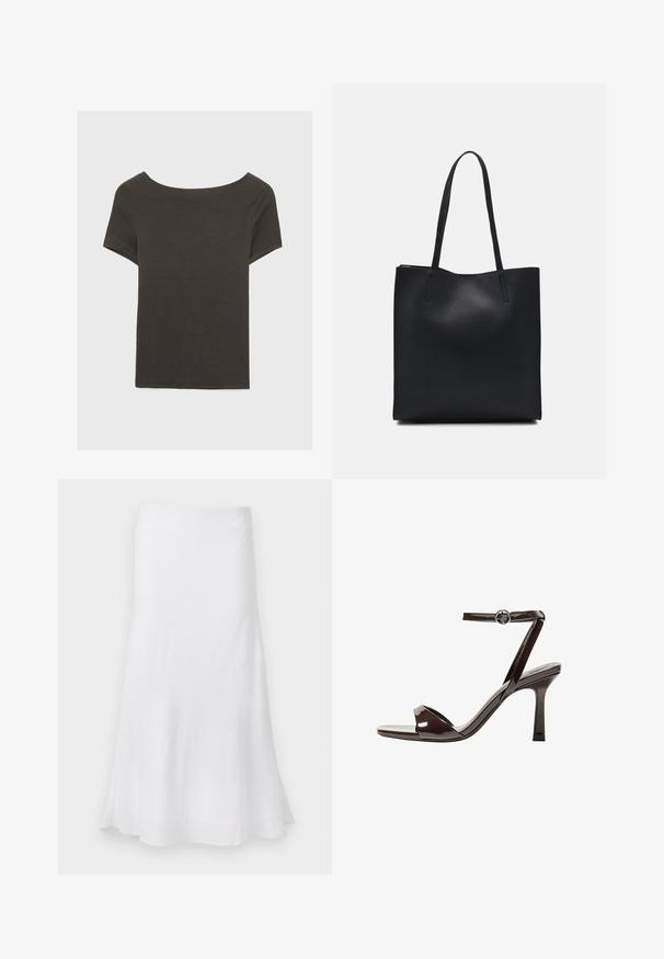 Tamno sivi kratki rukav s izrezom u obliku čamca. Izrađen od rebrastog materijala, s opuštenim krojem i ravnim rubom. Jednostavan dizajn, bez uzoraka.; Bijela suknja s lepršavim A-linijom, izrađena od lagane tkanine. Glatka tekstura, do koljena, s jednostavnim dizajnom bez uzoraka.; Smeđi lakirani kožni sandali s visokim potpeticama, remenom oko članka, otvorenim prstima i elegantnim, minimalističkim dizajnom. Imaju kvadratnu potpeticu.; Crna kožna torba za nošenje s glatkom teksturom, pravokutnim oblikom i dvije duge ručke. Nema vidljivih metalnih dijelova ili ukrasa.