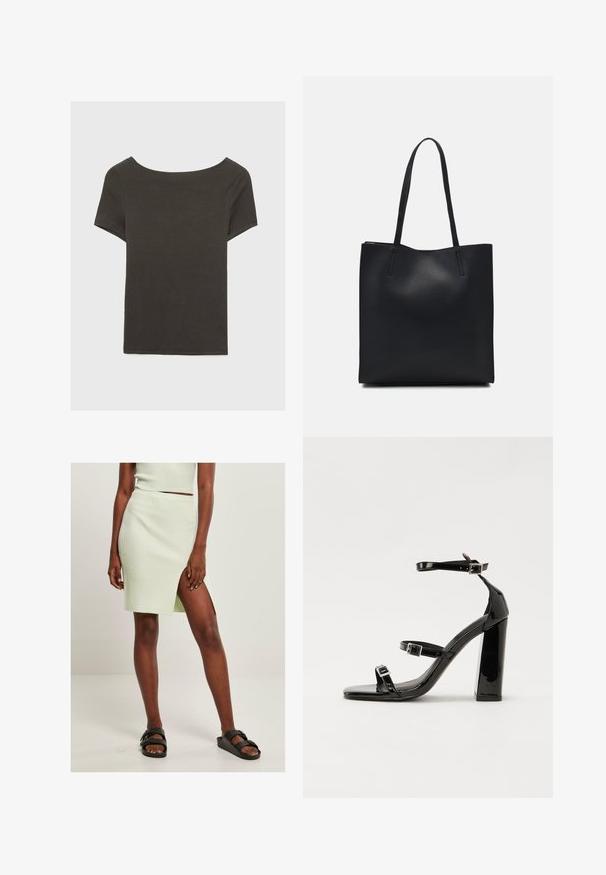 Temno siva kratka majica s čolnasto izrezom. Narejena iz rebraste tkanine, ki ima sproščen kroj in čist rob. Preprost dizajn, brez vzorcev.; Svetlozeleno rebrasto pleteno krilo z razporkom do stegna, v kombinaciji s črnimi natikači. Preprost, prilegajoč design izpostavlja teksturo in barvo.; Črne lakirane sandale s peto, kvadratnim prstom, trakovi okrog gležnja in srebrnimi zaponkami. Opremljene so s stabilno Debelo peto.; Črna usnjena torba s svilnato teksturo, pravokotne oblike in dvema dolgima ročajema. Brez vidnih metalnih delov ali okrasnih elementov.