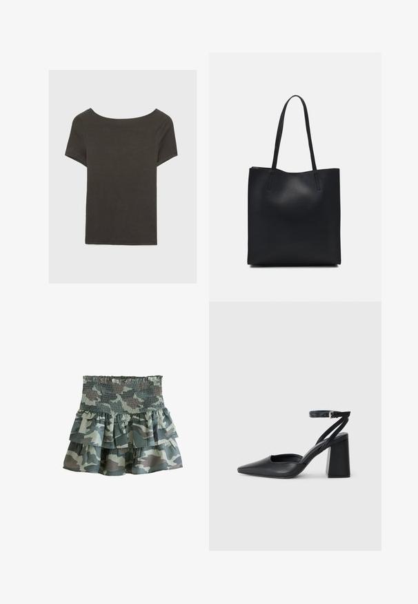 Haut à manches courtes gris foncé avec un col bateau. Fabriqué en tissu côtelé, il présente une coupe décontractée et un ourlet propre. Design simple, sans motifs.; Jupe tiered en imprimé camouflage avec une taille froncée, présentant trois couches volantées aux tons de vert et de gris atténués. Tissu léger.; Escarpin noir en cuir à bout pointu avec une bride de cheville et un talon épais. Texture lisse, design élégant et esthétique minimaliste.; Sac fourre-tout en cuir noir avec une texture lisse, de forme rectangulaire et deux longues poignées. Pas de matériel ou d'ornementations visibles.