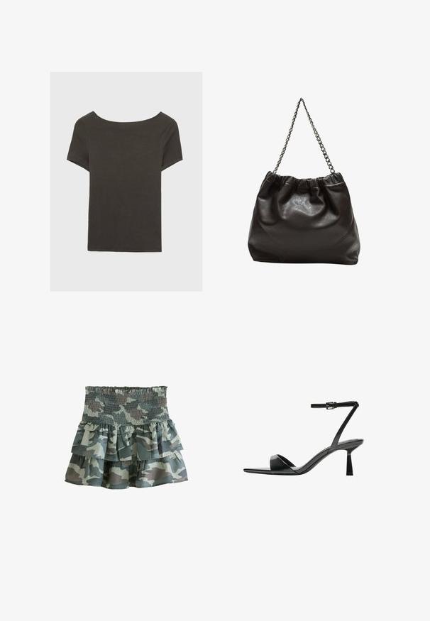 Tamno sivi kratki rukav s izrezom u obliku čamca. Izrađen od rebrastog materijala, s opuštenim krojem i ravnim rubom. Jednostavan dizajn, bez uzoraka.; Suknja u kamuflažnom uzorku sa višeslojnim krojem i gumiranim pojasom, koja se sastoji od tri volančića u umjerenim zelenim i sivoj nijansama. Lagan materijal.; Bershka Sandale s visokom petom - black; Smeđa kožna torba s naboranim vrhom i lančićem za nošenje. Glatka tekstura s sjajnim završetkom i suptilnim šavnim detaljima sa strane.