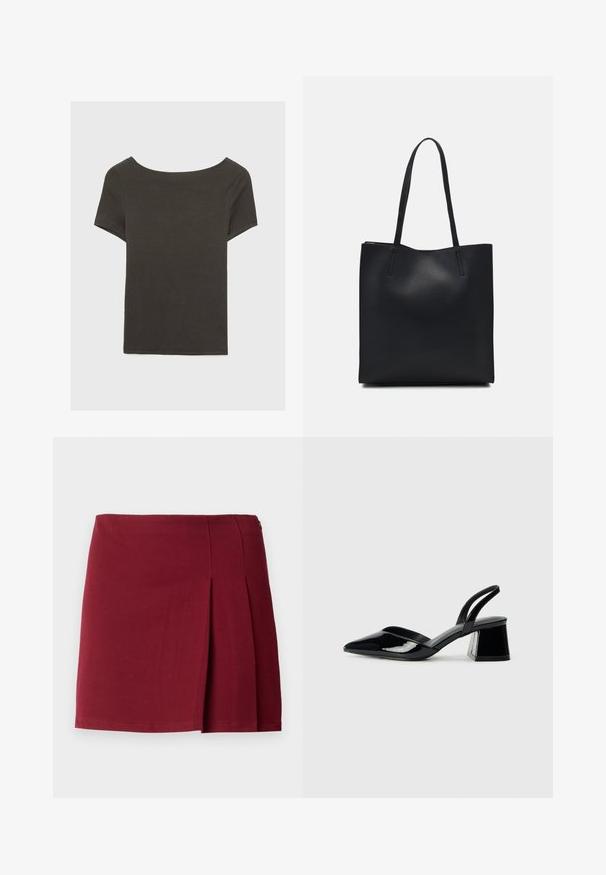Tmavošedý top s krátkym rukávom a lodičkovým výstrihom. Vyrobený z rebrovanej látky, s voľným strihom a čistým lemovaním. Jednoduchý dizajn, bez vzorov.; Bordová skladaná mini sukňa s hladkou textúrou, priliehavým pásom a bočným zipsom. Jednoduchý, minimalistický dizajn bez vzorov.; Čierne lakované kožené sandálové podpätky s špicatou špičkou a geometrickým blokovým podpätkom. Disponujú elegantným, minimalistickým dizajnom a hladkým povrchom.; Čierna kožená taška na rameno s hladkým povrchom, obdĺžnikovým tvarom a dvoma dlhými uchami. Bez viditeľného kovania alebo ozdôb.