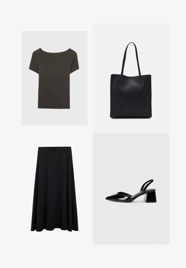 Dunkelgraues Kurzarmoberteil mit Bootsausschnitt. Hergestellt aus geripptem Stoff, mit lockerer Passform und sauberem Saum. Einfaches Design, ohne Muster.; Schwarzer, fließender A-Linie-Rock aus weichem Stoff mit elastischem Taillenbund und glatter Textur, entworfen für angenehmen Tragekomfort.; Schwarze Lackleder-Slingback-High Heels mit spitzem Schuh und einem geometrischen Blockabsatz. Verfügt über ein schlankes, minimalistisches Design und eine glatte Textur.; Schwarze Laptoptasche aus Leder mit glatter Textur, rechteckiger Form und zwei langen Griffen. Keine sichtbaren Beschläge oder Verzierungen.