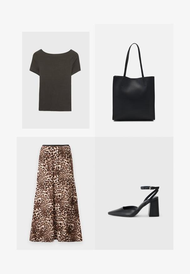 Tamno sivi kratki rukav s izrezom u obliku čamca. Izrađen od rebrastog materijala, s opuštenim krojem i ravnim rubom. Jednostavan dizajn, bez uzoraka.; Maxi suknja s leopard uzorkom, s crnim pojasom, lepršavim siluetom i mekim materijalom s različitim nijansama smeđe i bež uzoraka.; Crne kožne cipele s špicastim vrhom, remenom oko gležnja i debelim potplatom. Ravna tekstura, elegantan dizajn i minimalistička estetika.; Crna kožna torba za nošenje s glatkom teksturom, pravokutnim oblikom i dvije duge ručke. Nema vidljivih metalnih dijelova ili ukrasa.
