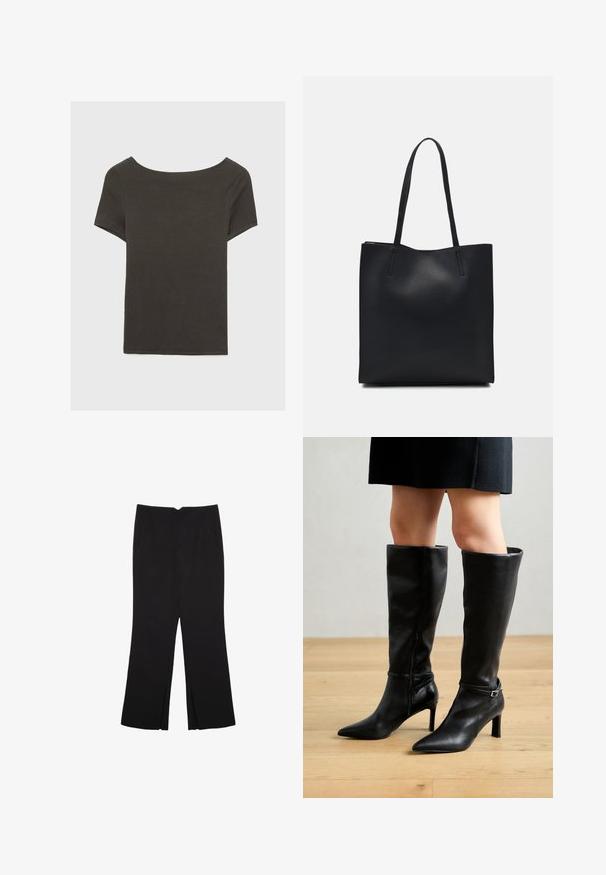 Temno siva kratka majica s čolnasto izrezom. Narejena iz rebraste tkanine, ki ima sproščen kroj in čist rob. Preprost dizajn, brez vzorcev.; Črne hlače ravnega kroja z naglavnimi žepi in stranskimi razporki na robu. Narejene iz mehke, gladke tkanine. Primerne za različne priložnosti.; Črne škornje do kolen s koničastim nosom, visokim peto, gladkim usnjem, bočnim zadrgo in trak s kovinskim paščkom.; Črna usnjena torba s svilnato teksturo, pravokotne oblike in dvema dolgima ročajema. Brez vidnih metalnih delov ali okrasnih elementov.