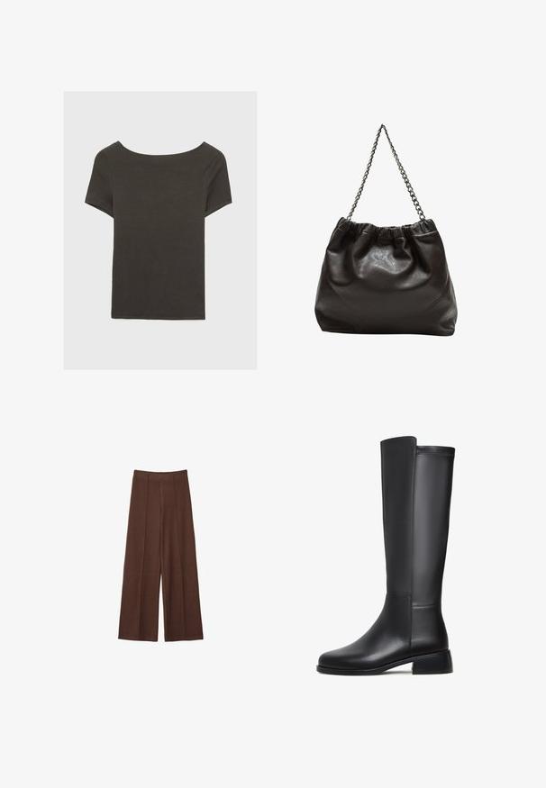 Haut à manches courtes gris foncé avec un col bateau. Fabriqué en tissu côtelé, il présente une coupe décontractée et un ourlet propre. Design simple, sans motifs.; Pantalons larges marron en tissu doux, avec une taille haute, des détails de couture verticaux et une texture lisse.; Botte noire en cuir montant, avec une texture lisse, un bout rond, un petit talon carré et des détails de couture subtils sur le côté.; Sac en cuir marron avec un haut froncé et une bandoulière en chaîne. Texture lisse avec une finition brillante et des coutures subtiles sur les côtés.