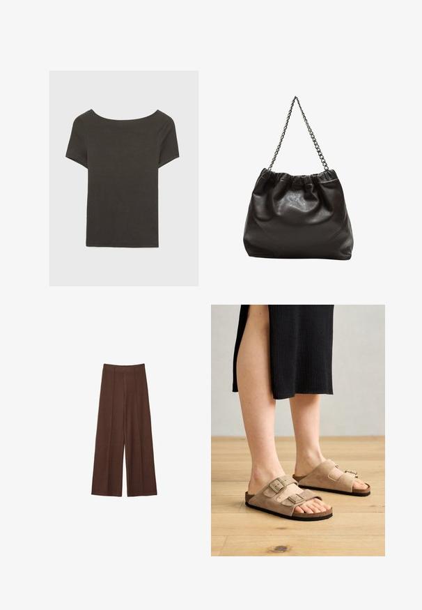 Dunkelgraues Kurzarmoberteil mit Bootsausschnitt. Hergestellt aus geripptem Stoff, mit lockerer Passform und sauberem Saum. Einfaches Design, ohne Muster.; Braune Hosen mit weitem Bein aus weichem Stoff, mit hoher Taille, vertikalen Nahtdetails und glatter Oberfläche.; Beige Wildleder-Sandalen mit zwei verstellbaren Riemen, Korkfußbett und Gummisohlen, die an Füßen vor einem Holzfu Hintergrund präsentiert werden.; Braune Lederhandtasche mit gerafftem Oberteil und Kettenriemen. Glatte Textur mit glänzendem Finish und subtilen Nahtdetails an den Seiten.; Mango Armband - gold-coloured