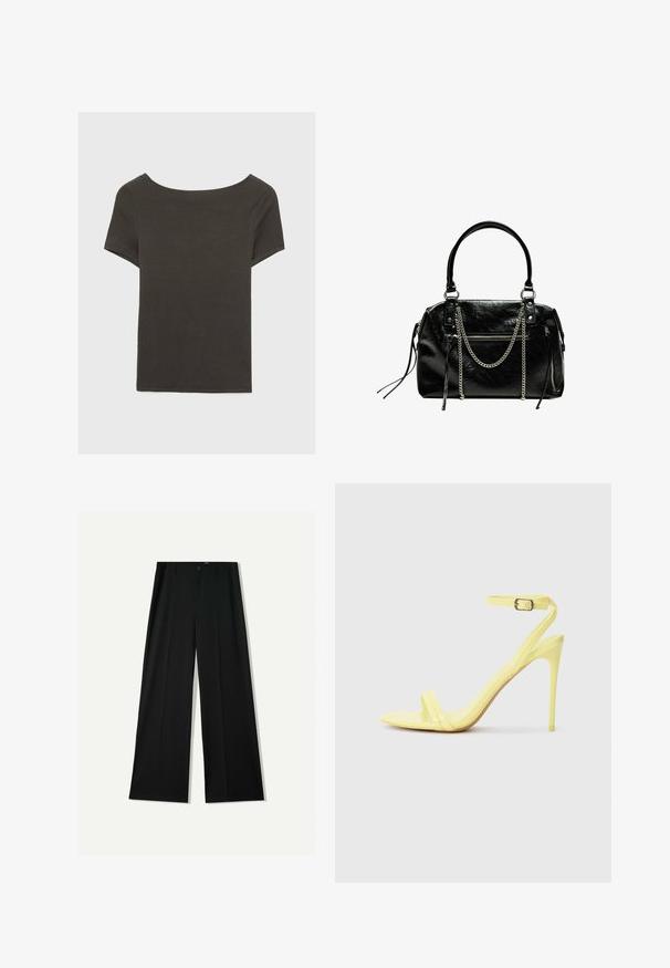 Donkergrijze top met korte mouwen en een bootnek. Gemaakt van ribbelstof, met een relaxte pasvorm en een nette zoom. Eenvoudig ontwerp, geen patronen.; Bershka WIDE - Broek - black; Geel gepatenteerd leren sandalen met hoge hakken, voorzien van twee voorste banden en een enkelband met een gesp. Slank, puntig hakontwerp.; Bershka WITH CHAIN - Handtas - black