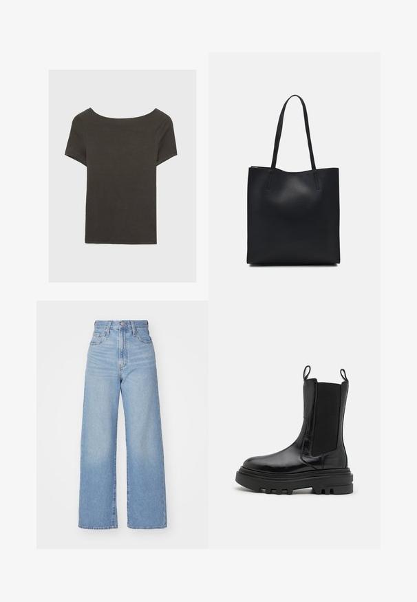 Czarna szara bluzka z krótkim rękawem i dekoltem w kształcie łódki. Wykonana z prążkowanej tkaniny, ma luźny krój i czyste wykończenie. Prosty design, bez wzorów.; Jasnoniebieskie jeansy z wysokim stanem i szerokimi nogawkami, z zapięciem na guziki i zamek z przodu, przednie i tylne kieszenie, na białym tle.; Czarne botki za kostkę z błyszczącej skóry, z elastycznymi bocznymi panelami, uchwytami oraz grubą, teksturowaną gumową podeszwą. Masywna konstrukcja, smukła sylwetka.; Czarna skórzana torba tote o gładkiej fakturze, prostokątnym kształcie i dwóch długich uchwytach. Brak widocznych elementów metalowych i ozdób.