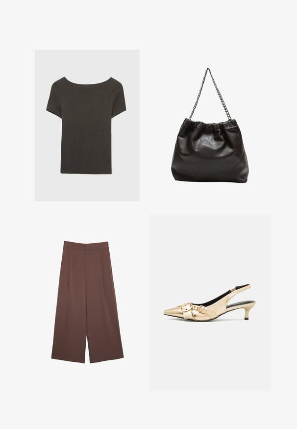 Temno siva kratka majica s čolnasto izrezom. Narejena iz rebraste tkanine, ki ima sproščen kroj in čist rob. Preprost dizajn, brez vzorcev.; Rjave široke hlače z gladko teksturo, ki imajo visok pas in sprednje naborke. Tkanina je lahka in prosto pada.; Zlate usnjene slingback pete s koničastim nosom, majhnim kitten peto in dvema okrasnima zaponkama na zgornjem delu. Gladka tekstura, eleganten dizajn.; Rjava usnjena torba z nabranim vrhom in verižnim trakom. Gladka tekstura z sijajno površino in subtilnimi šivi na straneh.; Zlato večslojna ogrlica z valovitimi oblikami; ima gladko, odbojno metalno teksturo in nastavljiv ketni za prilagoditev dolžine.