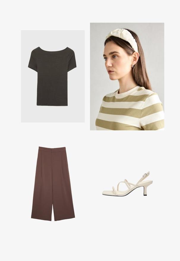 Dark grey short-sleeve top with a boat neckline. Made from ribbed fabric, featuring a relaxed fit and clean hemline. Simple design, no patterns.; Brown wide-leg trousers with a smooth texture, featuring a high waist and front pleats. The fabric is lightweight and flows loosely.; Beige strappy sandal with a square toe, featuring thin straps and a low, block heel. Smooth material with a contrasting black trim.; Cream padded headband with twisted design, paired with a beige and white striped shirt featuring a round neckline. Subtle jewelry accents.