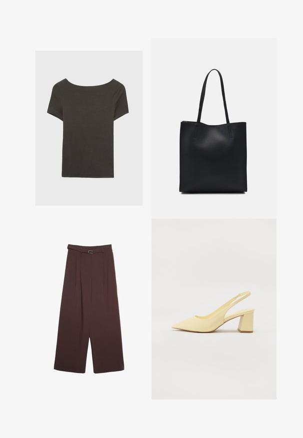 Tmavošedý top s krátkym rukávom a lodičkovým výstrihom. Vyrobený z rebrovanej látky, s voľným strihom a čistým lemovaním. Jednoduchý dizajn, bez vzorov.; Stradivarius WIDE-LEG WITH BUCKLE DETAIL - Nohavice - dark brown; Béžové lodičky so špicatou špičkou a blokovým opätkom, s hladkým povrchom a elastickým páskom, na čistom pozadí.; Čierna kožená taška na rameno s hladkým povrchom, obdĺžnikovým tvarom a dvoma dlhými uchami. Bez viditeľného kovania alebo ozdôb.