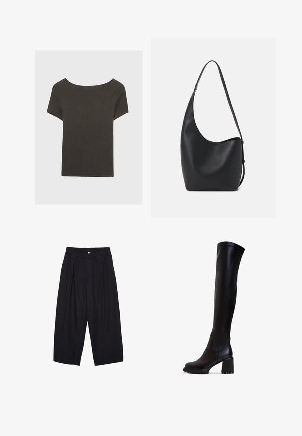 Czarna szara bluzka z krótkim rękawem i dekoltem w kształcie łódki. Wykonana z prążkowanej tkaniny, ma luźny krój i czyste wykończenie. Prosty design, bez wzorów.; Czarne spodnie culotte z poliestru z elastycznym pasem, dwoma fałdami z przodu i luźnym krojem. Brak widocznych wzorów lub elementów metalowych.; Czarne, sięgające do kolan, skórzane botki na grubej obcasie, o gładkiej fakturze i okrągłym nosku; posiadają widoczne detale szwów na cholewie.; Czarna skórzana torba hobo o gładkiej fakturze, zaokrąglonym kształcie i pojedynczym, regulowanym pasku; posiada szerokie otwarcie na górze.