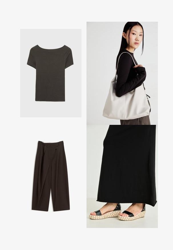 Tmavě šedý top s krátkým rukávem a lodičkovým výstřihem. Vyrobený z ribovaného materiálu, s volnějším střihem a čistým lemem. Jednoduchý design, bez vzorů.; Tmavě hnědé široké kalhoty s vysokým pasem, vybavené jedním tlačítkem na zapínání a plisovaným předním dílem. Vyrobené z lehkého materiálu.; Černé espadrilkové sandály se splétanou juty platformou a texturovanými černými pásky, zdobené kovovými hroty pro zvýraznění detailu.; Beige kabelka vyrobená z měkkého materiálu, s volným designem, prošívanými detaily a dvěma ramenními popruhy. Vhodná pro každodenní použití.