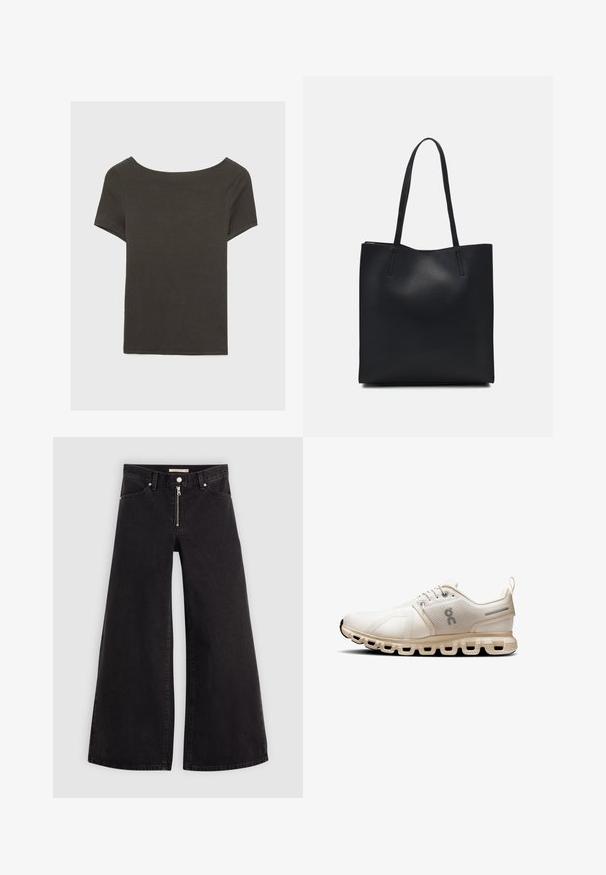 Tmavošedý top s krátkym rukávom a lodičkovým výstrihom. Vyrobený z rebrovanej látky, s voľným strihom a čistým lemovaním. Jednoduchý dizajn, bez vzorov.; Dlhé nohavice vo voľnom strihu z čierneho denimu so zipsom vpredu, päť vrecúškovým dizajnom a jemnými stehovými detailmi. Hladká textúra a neformálny štýl.; Svetlo béžová športová obuv s hornou časťou z čiastočne priedušnej sieťoviny, minimalistický dizajn, zaoblený špička a polstrovaná podrážka so segmentovými výrezmi pre flexibilitu.; Čierna kožená taška na rameno s hladkým povrchom, obdĺžnikovým tvarom a dvoma dlhými uchami. Bez viditeľného kovania alebo ozdôb.