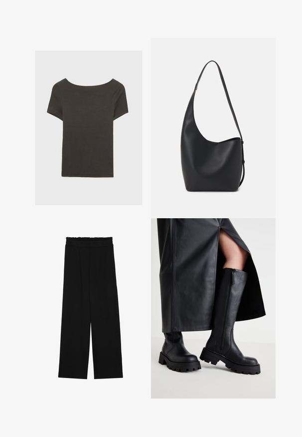 Temno siva kratka majica s čolnasto izrezom. Narejena iz rebraste tkanine, ki ima sproščen kroj in čist rob. Preprost dizajn, brez vzorcev.; Črne široke hlače s nabranim pasom, ki imajo dva stranska žepa in so izdelane iz gladkega, lahkega blaga. Brez vidnih vzorcev ali kovinskega okova.; Črne škornje do kolen z masivnim podplatom, gladka usnjena tekstura, stranski zadrge in minimalističen dizajn, v kombinaciji z razporkom črne krila.; Črna usnjena hobo torba z gladko teksturo, ukrivljeno obliko in eno nastavljivo naramnico; ima širok odprtina na vrhu.; Srebrne obročaste uhane z gladkim, okroglim dizajnom in poliranim zaključkom. So tanke in lahke, z enostavnim zapiranjem na sponko.